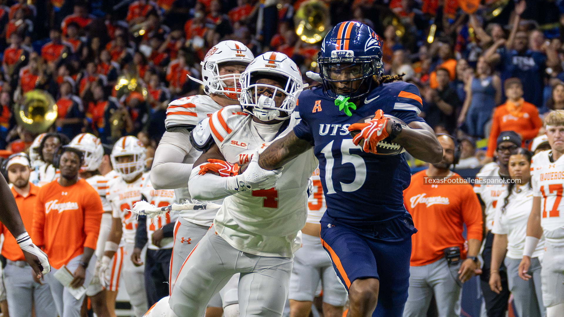 Owen McCown throws a touchdown pass for UTSA against UTRGV at the Alamodome" / "Ahamad Chapman returns an interception for a touchdown against UTRGV" / "Will Henderson III breaks free for a 75-yard touchdown run against UTRGV" / "UTRGV fans on the Rally the Valley trip to the Alamodome